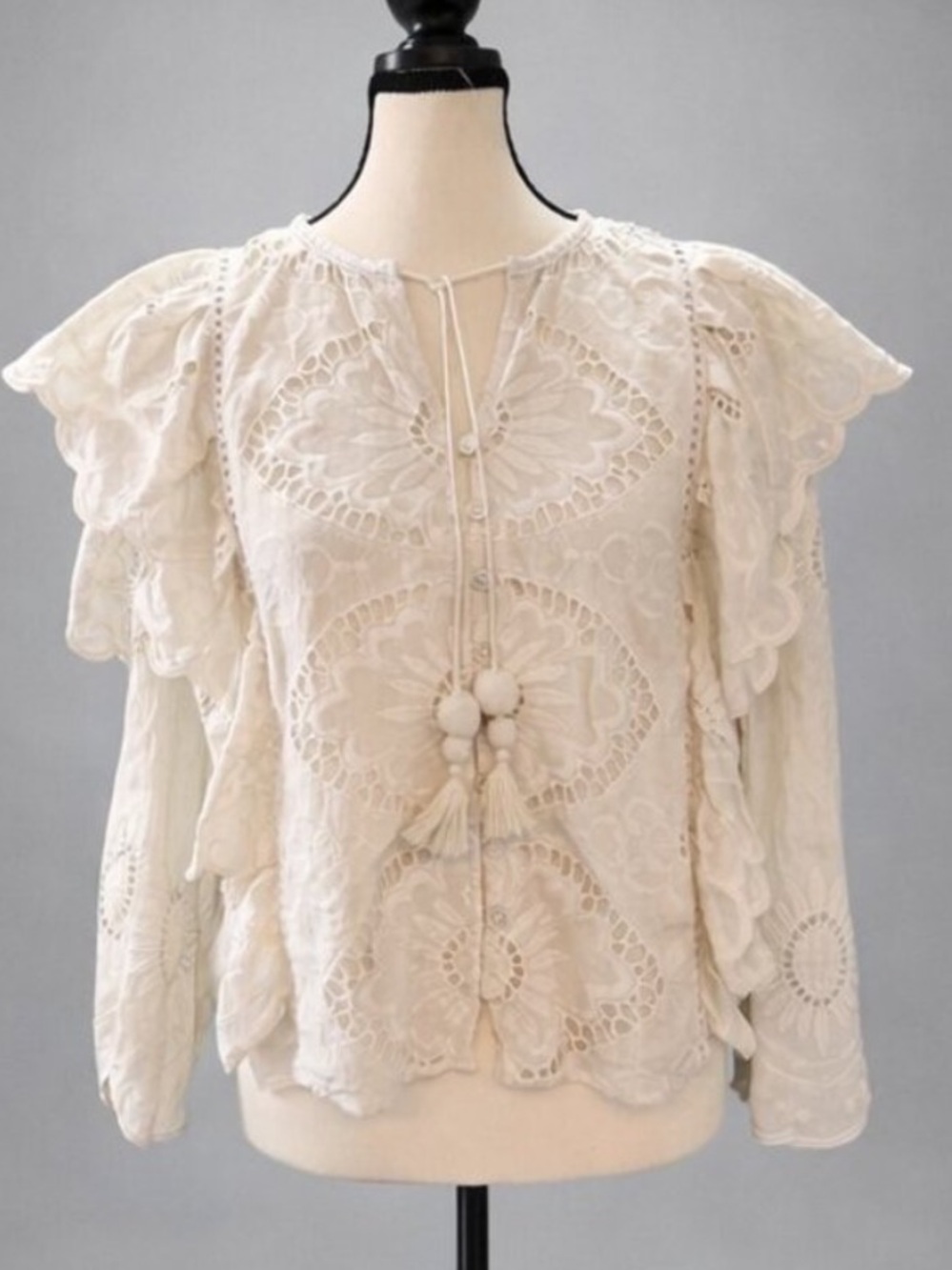 Sea New York Lace Embroidered Blouse Size 6 Ruffle Sleeve Boho Romantic Top